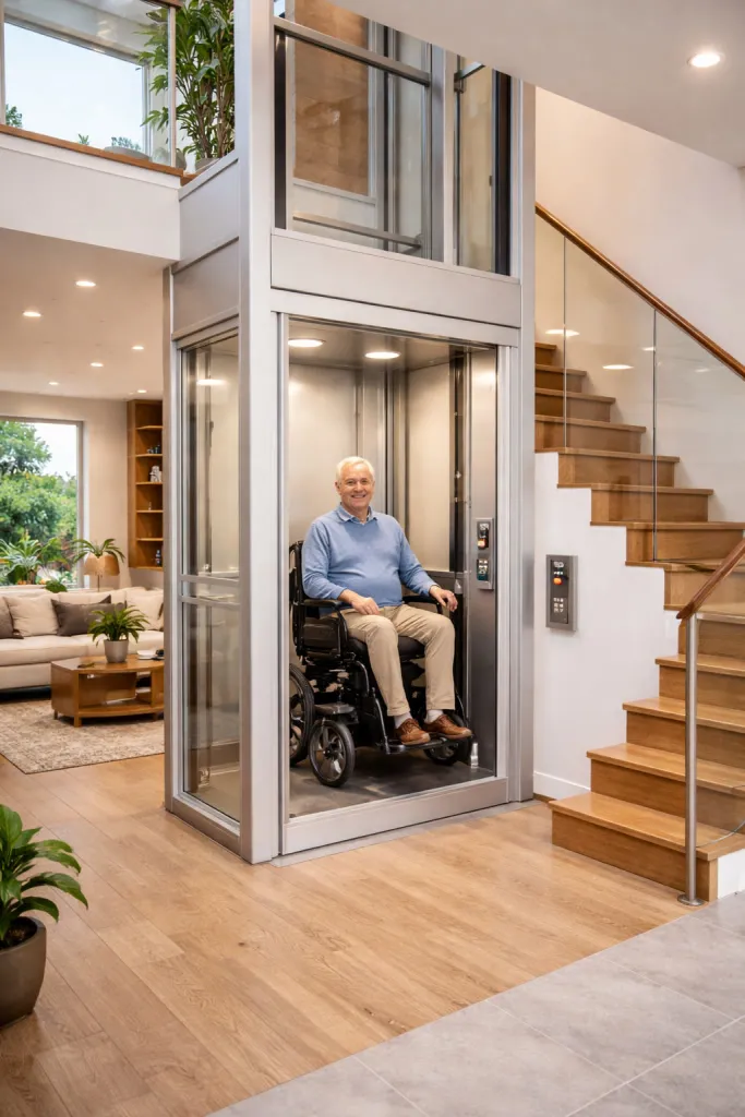 Elevador de cabina con puerta automática y botonera, con un usuario en silla de ruedas a bordo